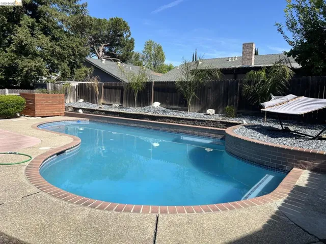View of pool featuring a fenced backyard and patio surround