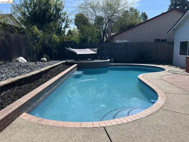 View of swimming pool featuring a fenced backyard and patio surround