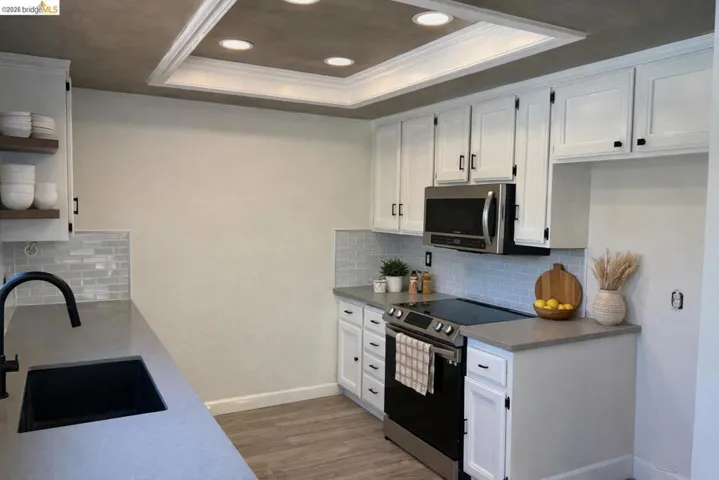 Kitchen with stainless steel appliances, white cabinets, ornamental molding, dark wood-style flooring, and a tray ceiling