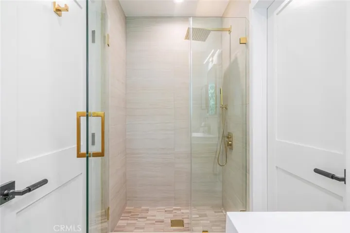 Walk-in shower in hallway bath with modern tile and frameless glass enclosure.