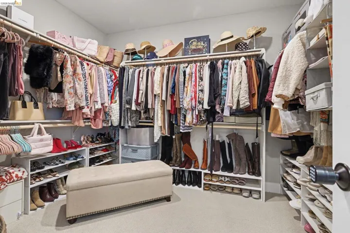 Walk in closet featuring light colored carpet
