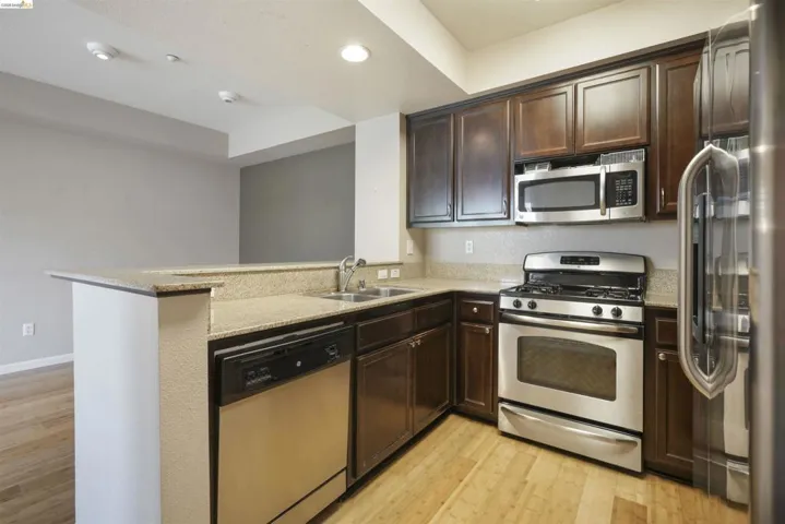 Kitchen featuring stainless steel appliances, dark wood finish cabinets, light wood-style flooring, a peninsula, and recessed lighting