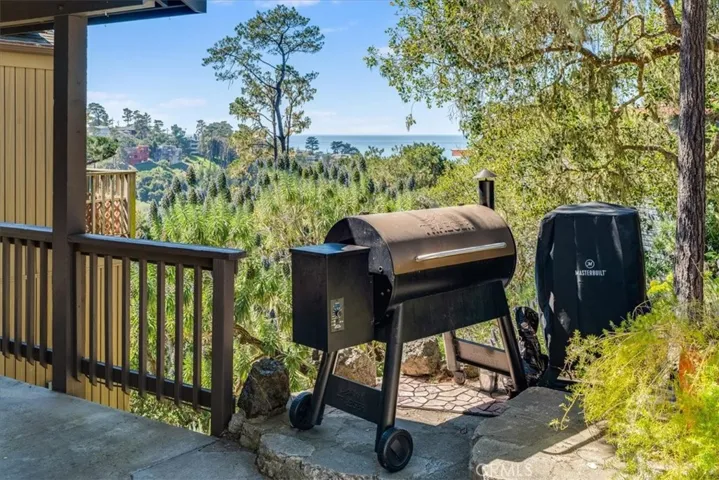 BBQ and smoker near driveway (not staying) but showing view from carport.