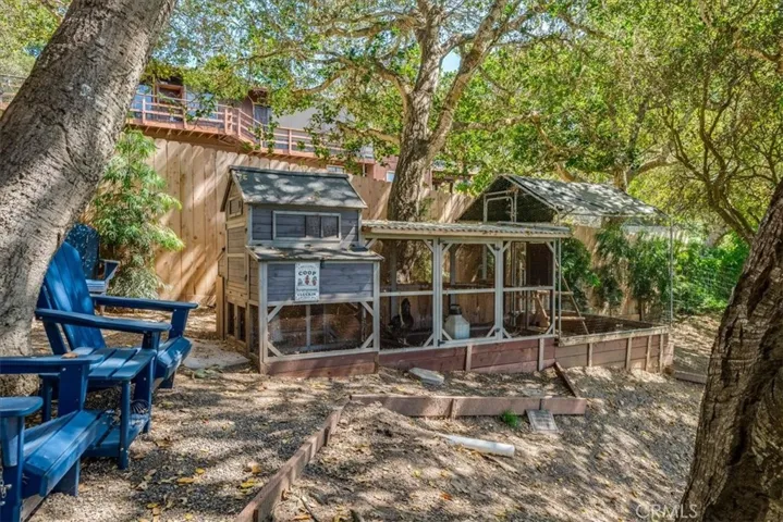 Chicken coop in garden.