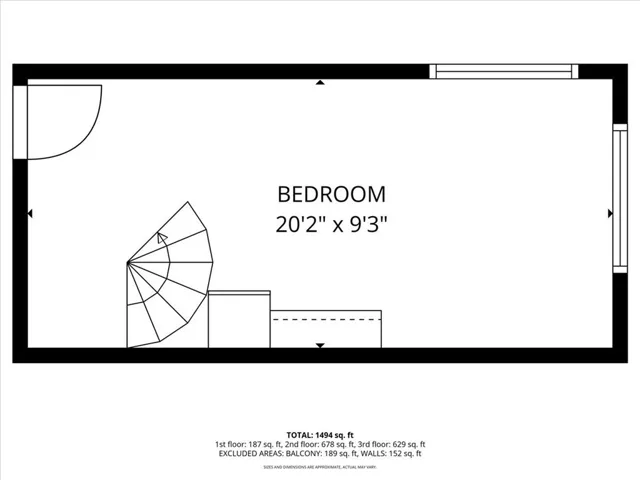 Floorplan showing bedroom on bottom level.