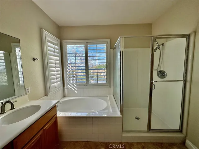 Primary bathroom with a walk in closet.