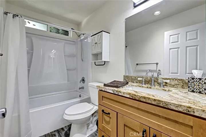 Newly remodeled bathroom with storage