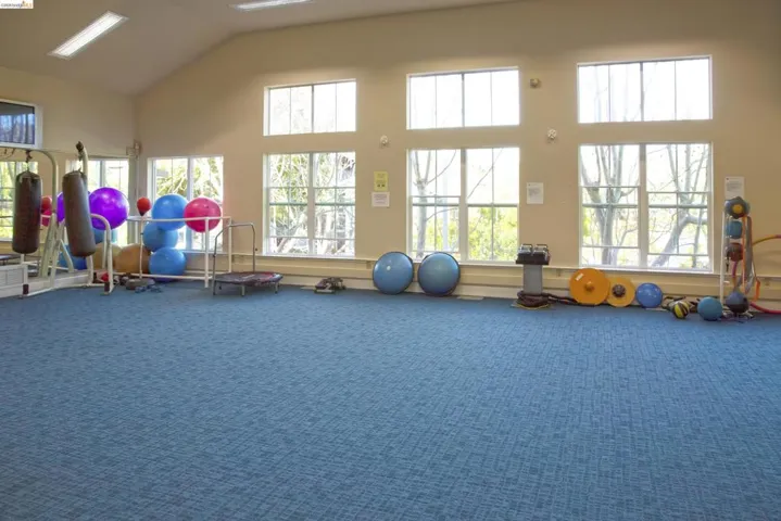 Exercise room with vaulted ceiling