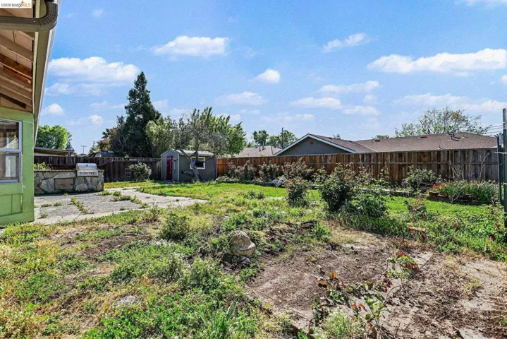 Fenced backyard featuring a storage shed
