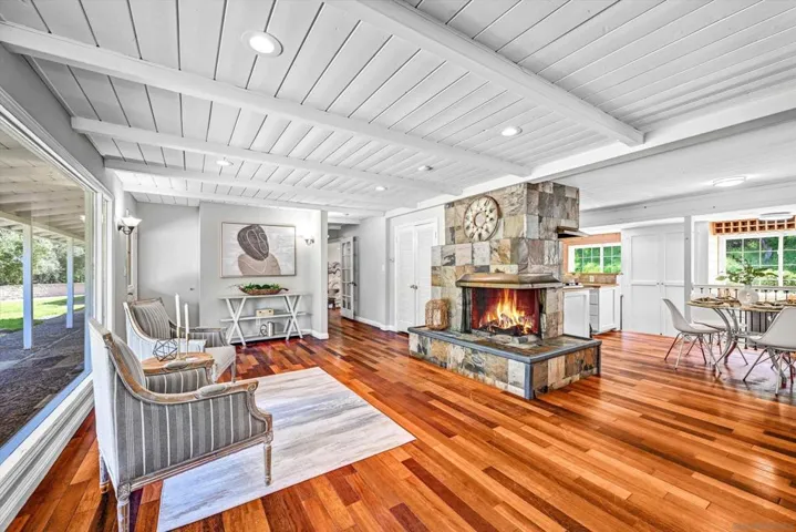 Family room with beautiful stone fireplace
