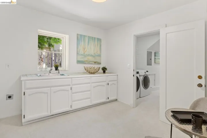 Laundry room with light colored carpet and electric panel