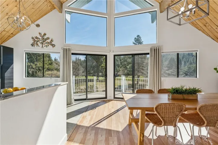 Main floor kitchen and dining with wall of windows
