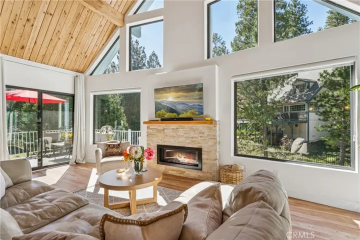 Main level living room with fireplace and wall of windows