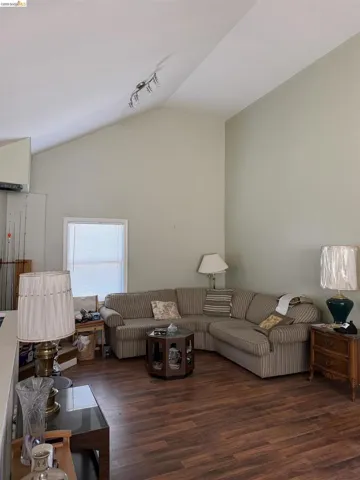 Living area with dark wood-style flooring, lofted ceiling, and track lighting