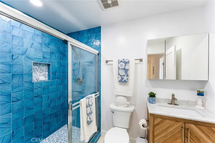 Spacious Bathroom #3 Upstairs in the ADU with Huge Walk-In Shower, Designer Tile, Glass Enclosure, Vanity with Quartz Countertop