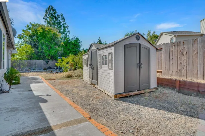 View of shed with a fenced backyard