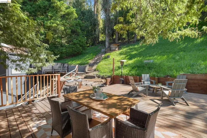 Deck with outdoor dining area, an outdoor fire pit, and a yard