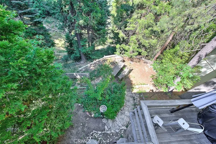 View of backyard, forest and sitting area from balcony.