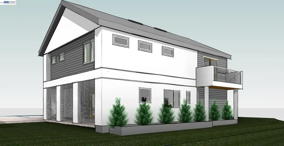 View of property exterior with a balcony and a lawn