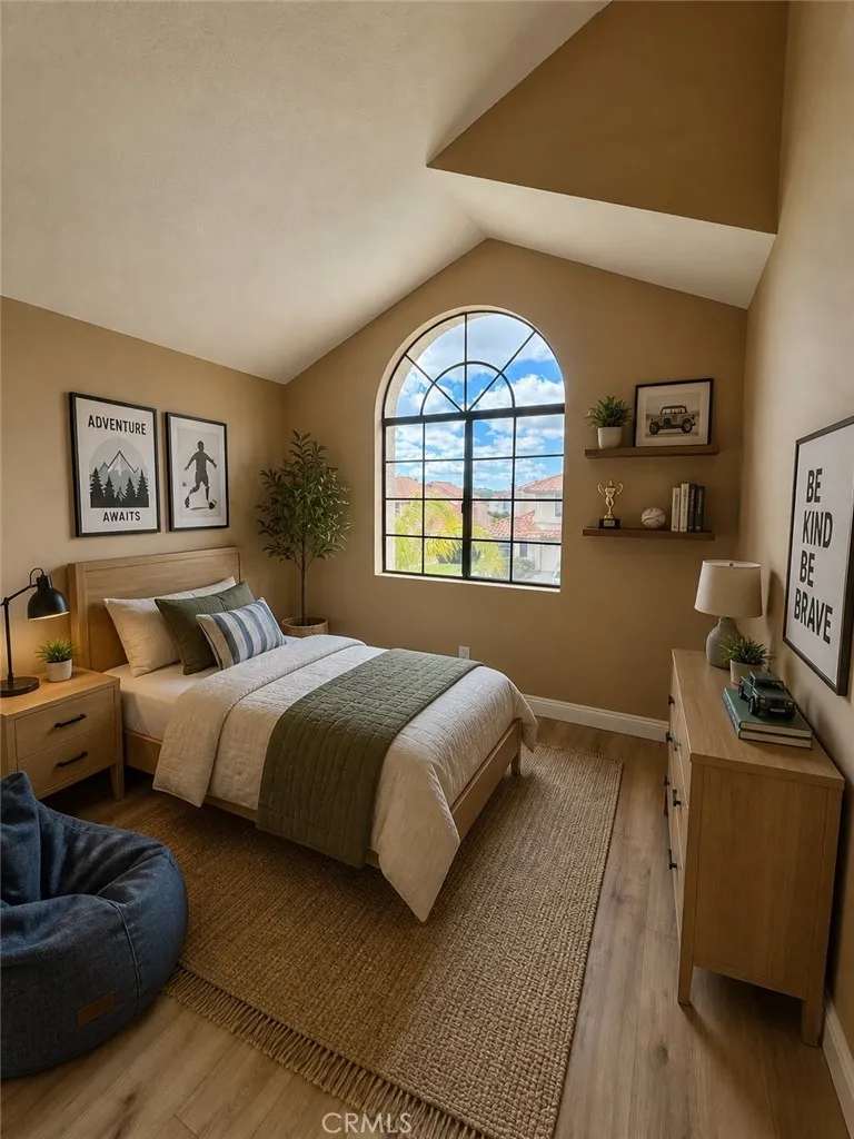 Vaulted Ceilings in the 3rd Bedroom with mountain views. AI digitally stagted.