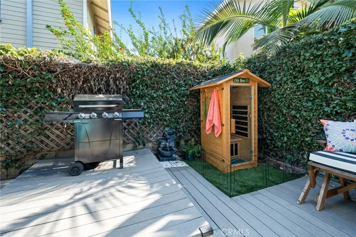 Sauna in private backyard setting.