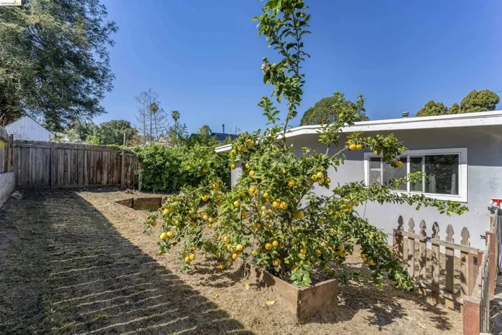 Fenced backyard featuring a garden