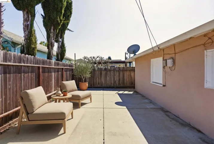 Fenced backyard featuring a patio