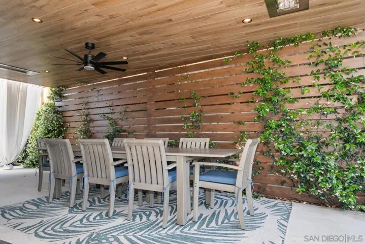 Covered outdoor patio with heaters, lights & ceiling fan