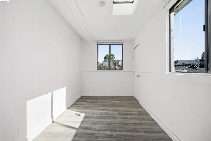 Spare room featuring dark wood-style flooring and a skylight