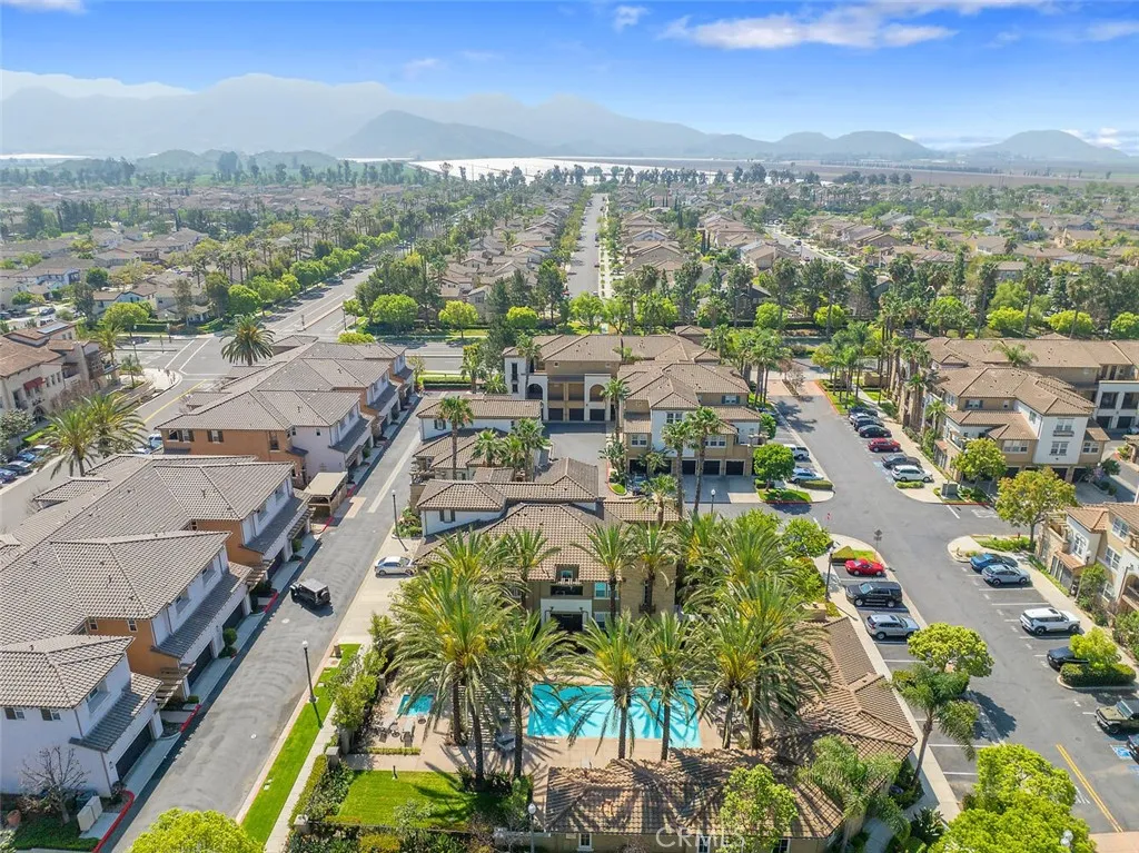 An aerial perspective of the Mediterranean style Village at the Park community