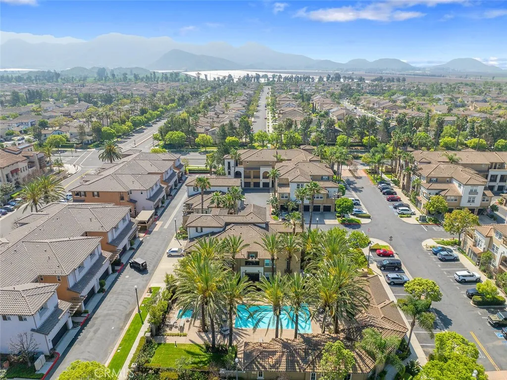 An aerial perspective of the Mediterranean style Village at the Park community