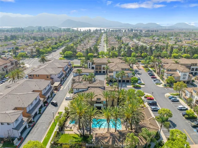 An aerial perspective of the Mediterranean style Village at the Park community