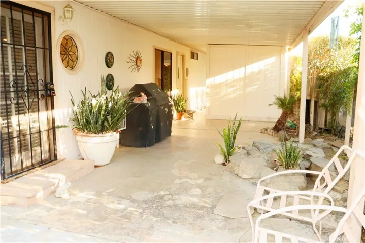 SIDE PATIO WITH BBQ AREA AND SMALL POND AREA BEHIND SHED