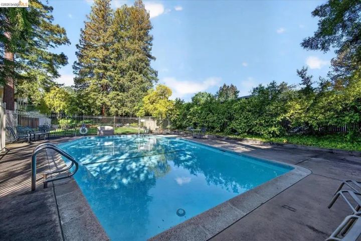 view of swimming pool with patio surround and view of wooded area