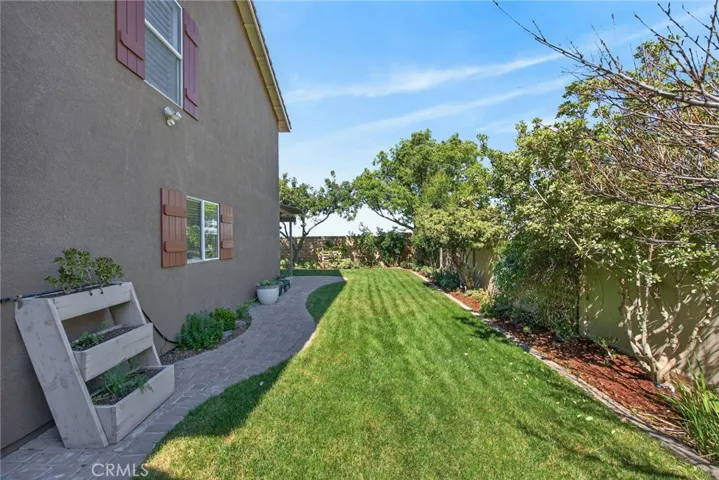 Long Lush side yard with garden box.
