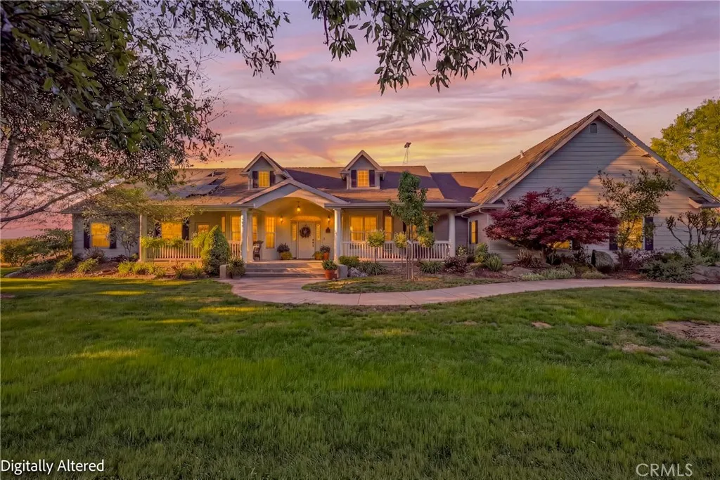 Americana front porch with twilight glow