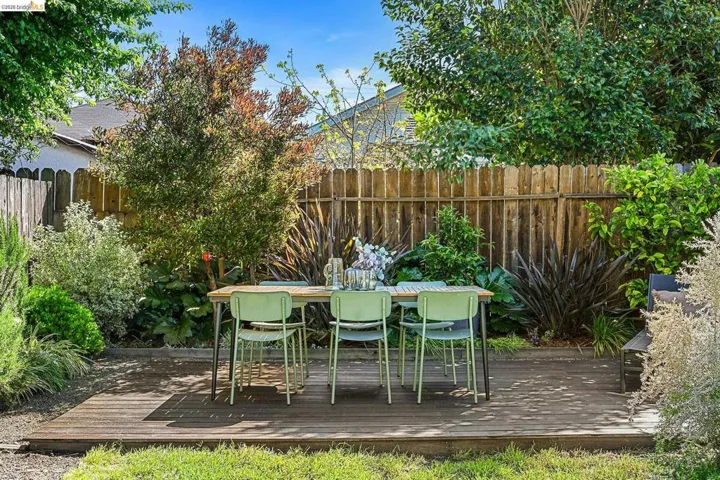 Fenced backyard with a wooden deck and outdoor dining area