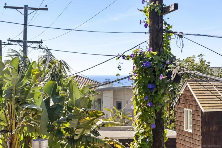 A slice of the Pacific peeks through lush greenery, offering a subtle coastal backdrop that brings a sense of breeze, light, and connection to the nearby shoreline.