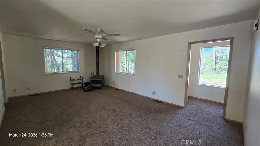 Family room with woodstove