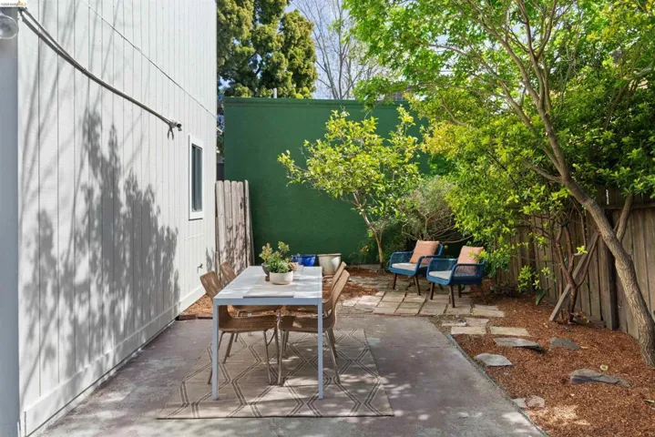 Fenced backyard featuring a patio and outdoor dining space