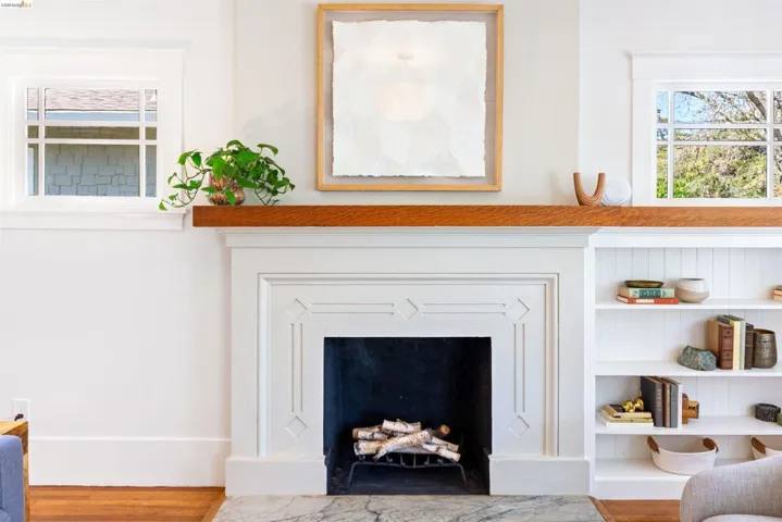 Detailed view of wood burning fireplace.