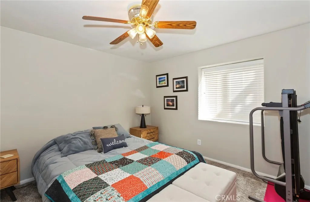 Lower level bedroom. Carpet and ceiling fan included.