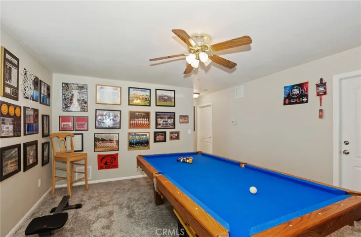 Ceiling fan and carpet make for fun in the pool table room.