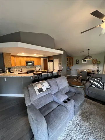 Kitchen adjacent to family room and dining area.