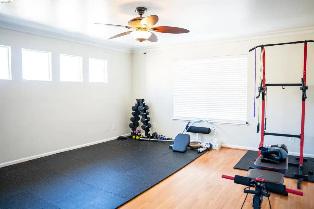 Workout area featuring wood finished floors, ceiling fan, and crown molding