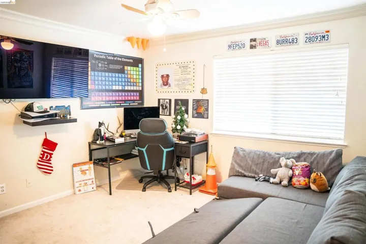 Carpeted office space featuring ceiling fan and crown molding