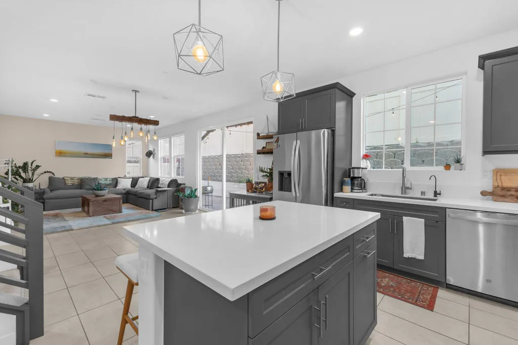 kitchen opens to living space