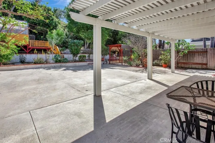 Covered patio cover in lushly landscaped back yard