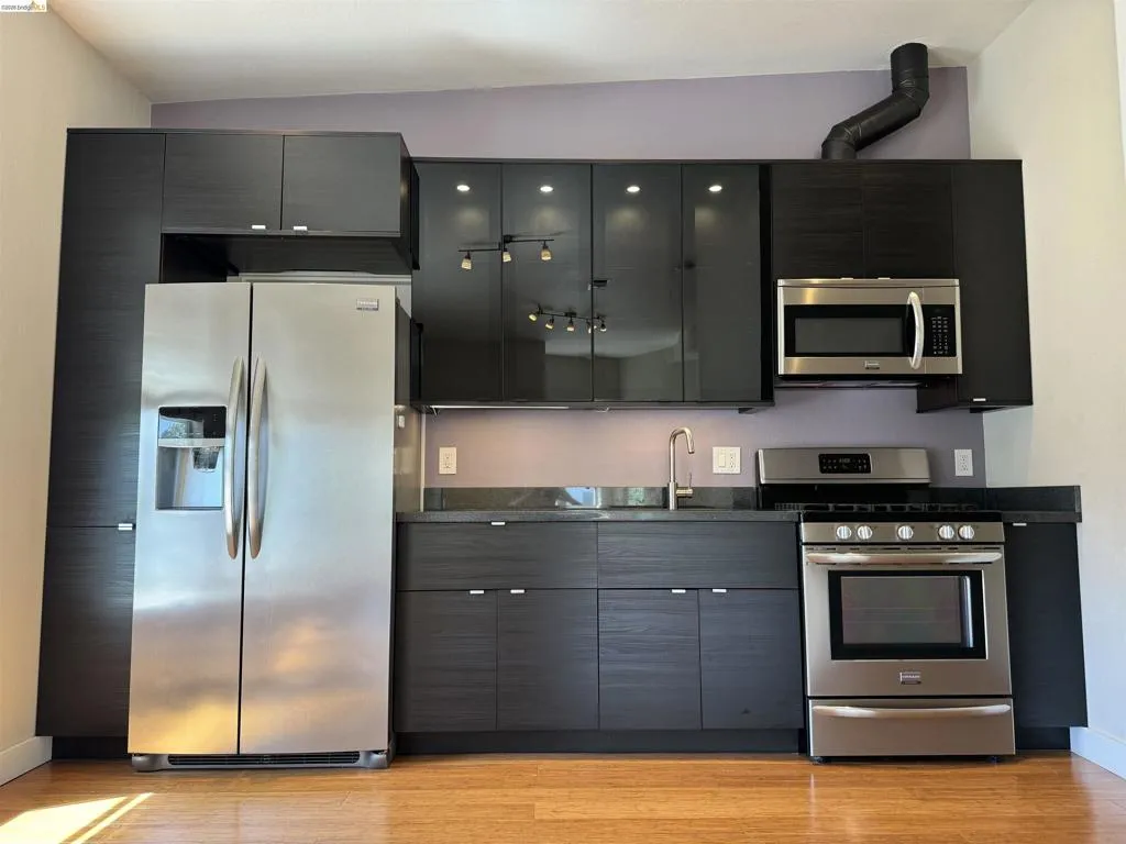 Kitchen with stainless steel appliances, modern cabinets, dark stone countertops, and light wood-style floors