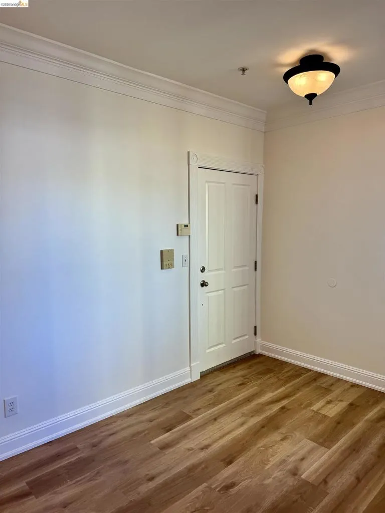 Unfurnished room with ornamental molding and dark wood-style floors